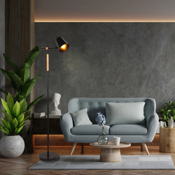 Sleek Black Nordic Floor Lamp with Oak Wood Detail
