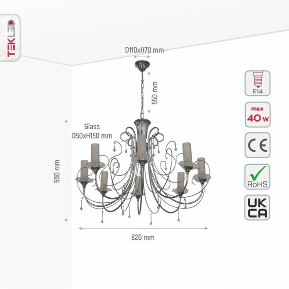Opal Cylinder Glass Chrome Candle Metal Arm Ceiling Chandelier Light