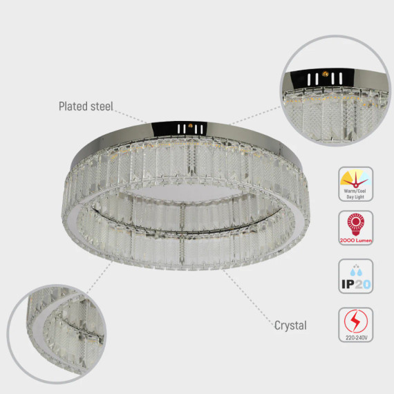 Ring Crystal Chrome Flush Ceiling Chandelier Light with Remote Control