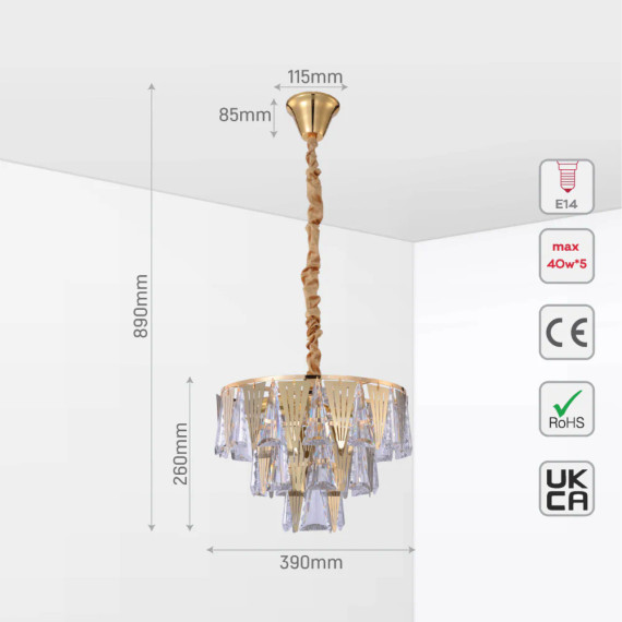 Opulent Gold Chandelier Ceiling Light with Triangular Crystal Prisms