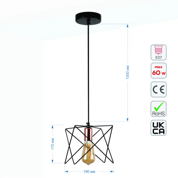Star Cage Pendant Light with Rose Gold Accent and Black Metal Frame