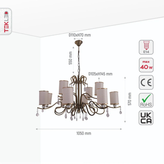 Cream Shade Antique Brass Metal Arm Ceiling Chandelier Light with Pendeloque Crystals