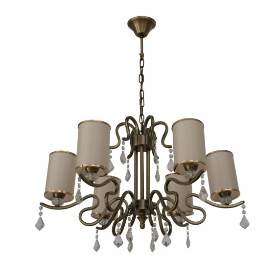 Cream Shade Antique Brass Metal Arm Ceiling Chandelier Light with Pendeloque Crystals