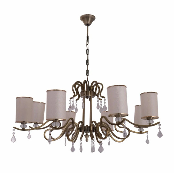 Cream Shade Antique Brass Metal Arm Ceiling Chandelier Light with Pendeloque Crystals