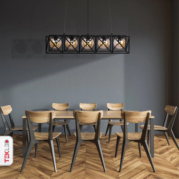 Black Cuboid Cage Amber Globe Glass Island Chandelier Ceiling Light