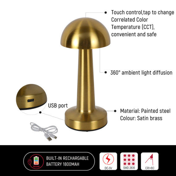 Rechargeable Steel Mushroom Bedside Table Lamp