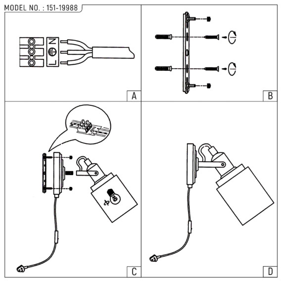 Black Plug-In Adjustable Glass Cone Wall Light with Rocker Switch