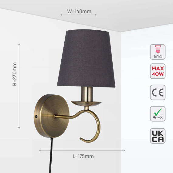 Vintage Grey Fabric Shade Wall Light with Plug-In