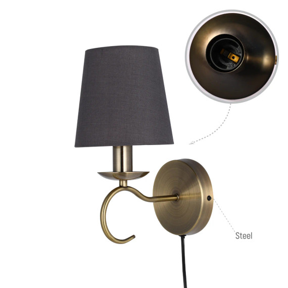 Vintage Grey Fabric Shade Wall Light with Plug-In
