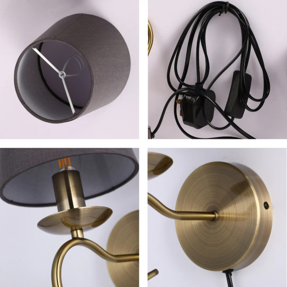 Vintage Grey Fabric Shade Wall Light with Plug-In