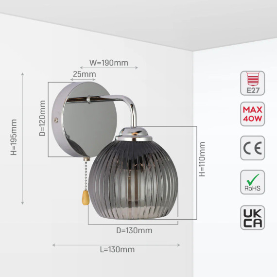 Elegant Reeded Glass Wall Light with Pull Down Switch