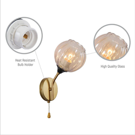 Amber Reeded Glass Globe Gold Metal Vintage Retro Wall Light with Pull Down Switch