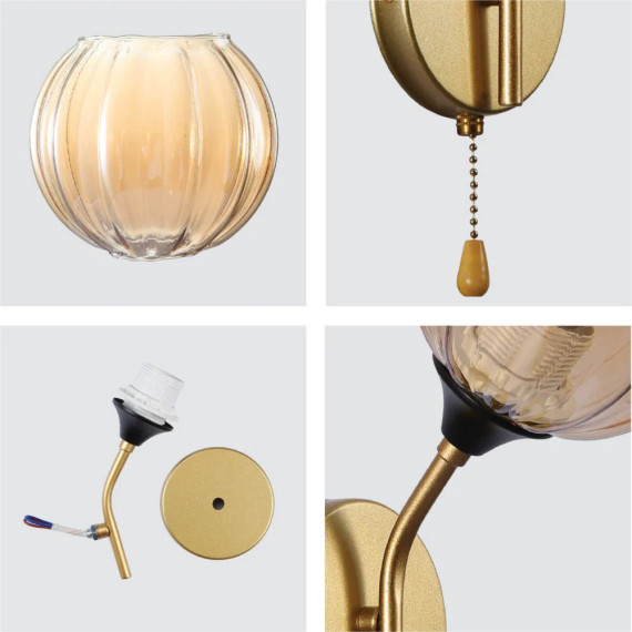 Amber Reeded Glass Globe Gold Metal Vintage Retro Wall Light with Pull Down Switch