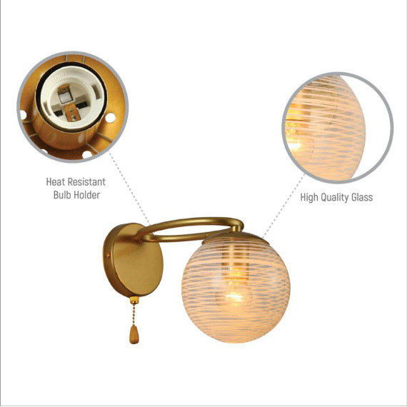 Clear Globe Glass Gold Metal Ellipse Vintage Retro Wall Light with Pull Down Switch