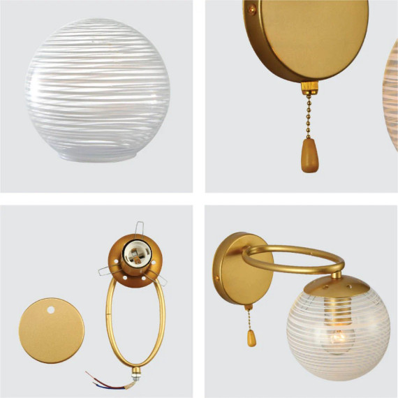Clear Globe Glass Gold Metal Ellipse Vintage Retro Wall Light with Pull Down Switch