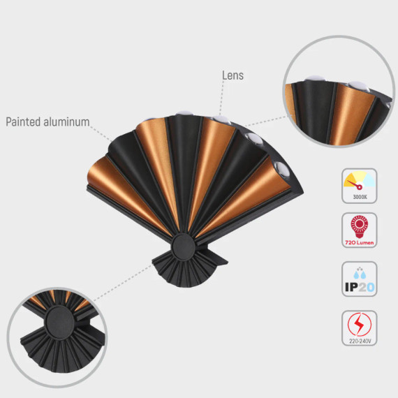 Modern Black Fan Design 8 Way LED Wall Light 3000K 8W