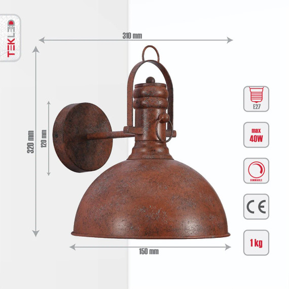 Old Brown Metal Dome Wall Light E27 Fitting