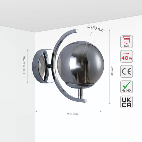 Glass Globe Chrome Crescent Metal Modern Wall Light