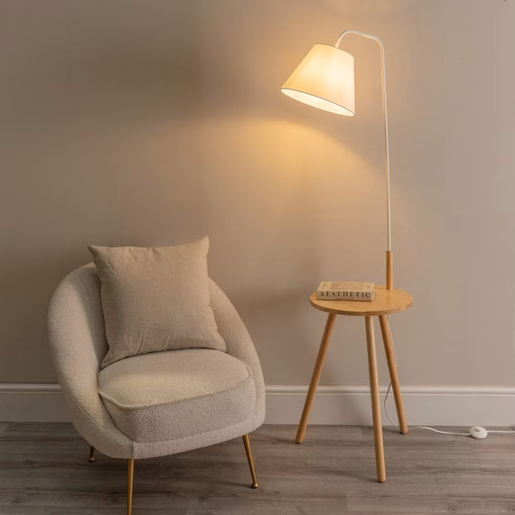 Rubber Wood Arc Floor Lamp with White Fabric Shade