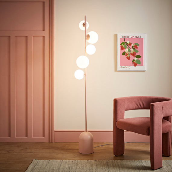 5-Way Blush Pink Floor Lamp with White Glass Globe Shades