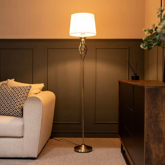 Antique Brass Twist Floor Lamp with Tapered Shade