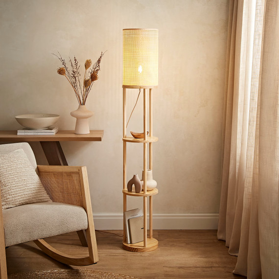 3 Tier Shelved Floor Lamp with Bamboo Shade