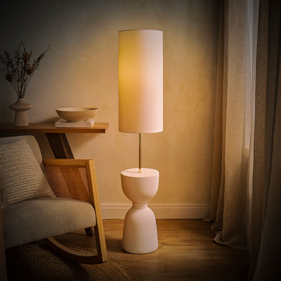 Hand-Finished Totem Table Base Floor Lamp with Linen Shade