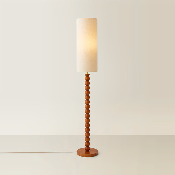 Wooden Bobbin Floor Lamp with Tall Linen Shade