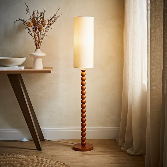 Wooden Bobbin Floor Lamp with Tall Linen Shade