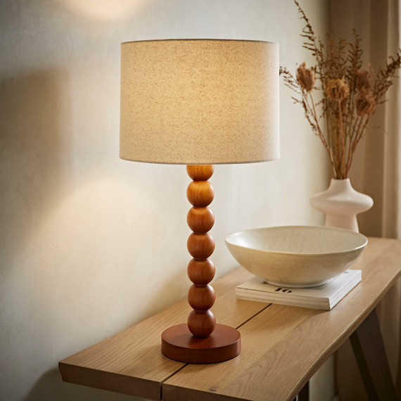 Wooden Bobbin Table Lamp with Linen Shade