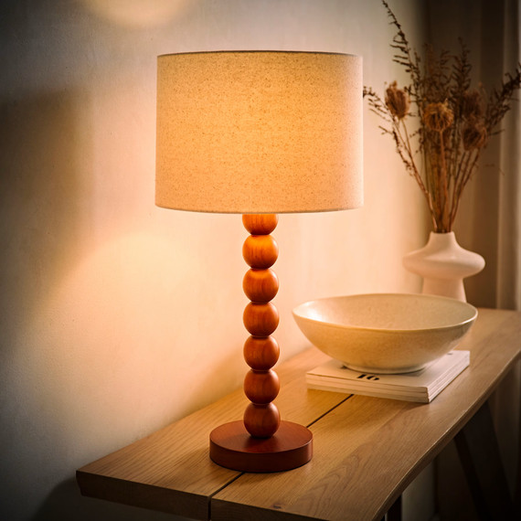 Wooden Bobbin Table Lamp with Linen Shade