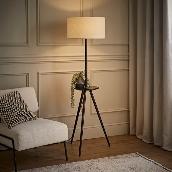 Black Wooden Tripod Floor Lamp with Table