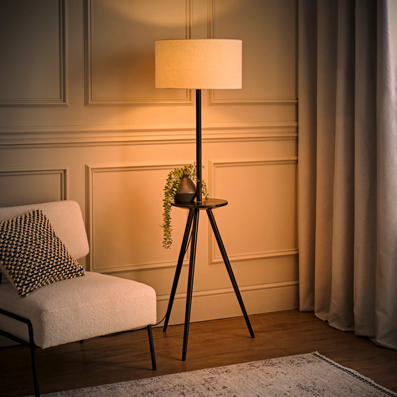 Black Wooden Tripod Floor Lamp with Table