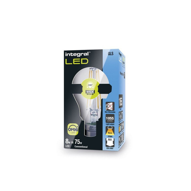 Integral LED Classic Globe (GLS) Full Glass Omni-Bulb 8W (75W) 2700K 1055lm B22 Non-Dimmable 330 deg Beam Angle