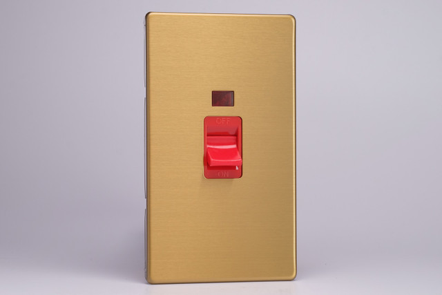 Varilight Brushed Brass Screwless 45A Cooker Switch + Neon (Vertical Twin Plate, Red Rocker)