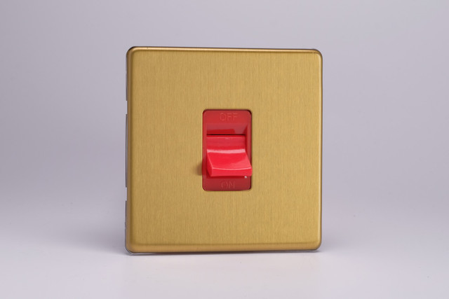 Varilight Brushed Brass Screwless 45A Cooker Switch (Single Plate, Red Rocker)