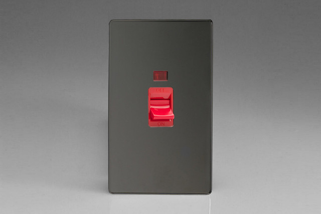 Varilight Iridium Screwless 45A Cooker Switch + Neon (Vertical Twin Plate, Red Rocker)