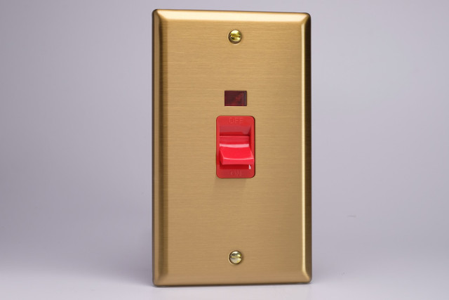 Varilight Brushed Brass 45A Cooker Switch + Neon (Vertical Twin Plate, Red Rocker)