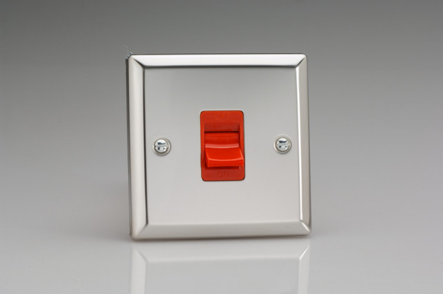 Varilight Mirror Chrome 45A Cooker Switch (Single Plate, Red Rocker)