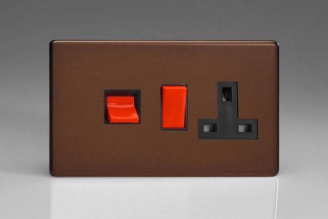 Varilight Mocha Screwless 45A Cooker Panel with 13A Double Pole Switched Socket Outlet (Red Rocker)