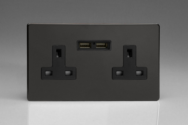 Varilight Premium Black Screwless 2-Gang 13A Unswitched Socket + 2x5V DC 2100mA USB Charging Ports