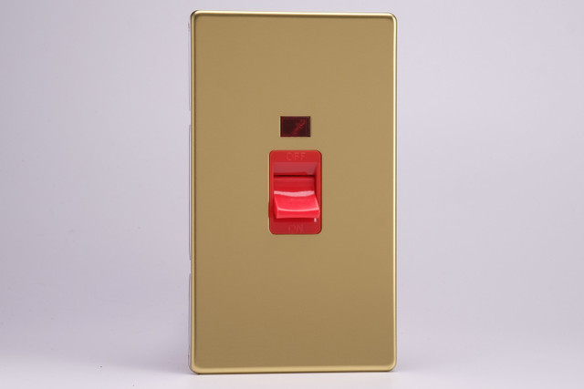 Varilight Polished Brass Screwless 45A Cooker Switch + Neon (Vertical Twin Plate, Red Rocker)