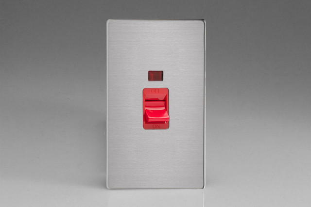 Varilight Brushed Steel Screwless 45A Cooker Switch + Neon (Vertical Twin Plate, Red Rocker)