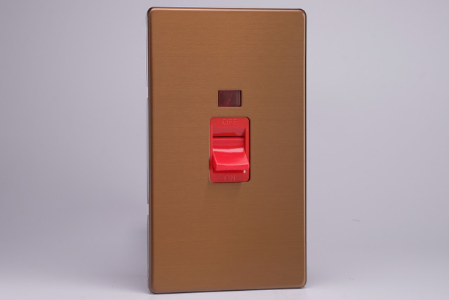 Varilight Brushed Bronze Screwless 45A Cooker Switch + Neon (Vertical Twin Plate, Red Rocker)