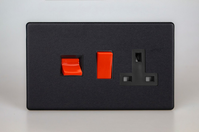 Varilight Matt Black Screwless 45A Cooker Panel with 13A Double Pole Switched Socket Outlet (Red Rocker)