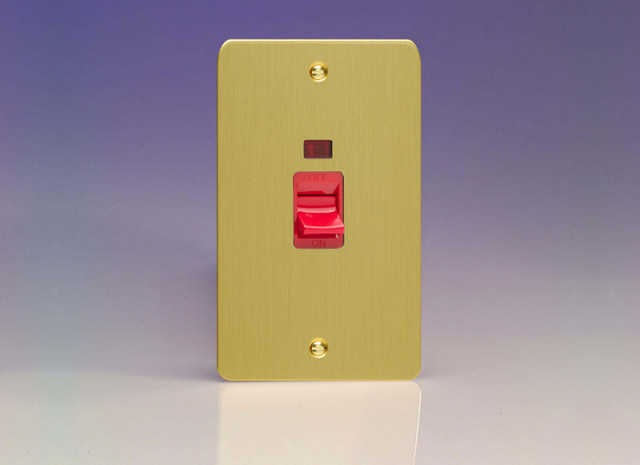 Varilight Brushed Brass Ultraflat 45A Cooker Switch + Neon (Vertical Twin Plate, Red Rocker)