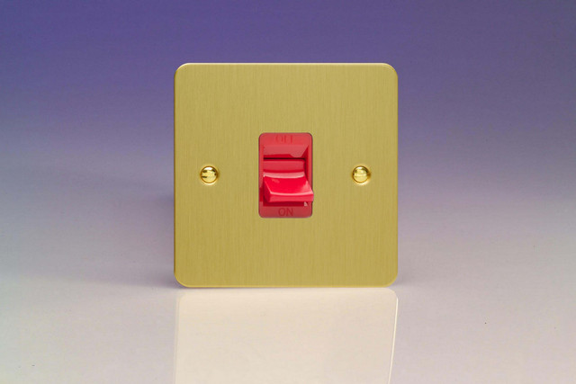 Varilight Brushed Brass Ultraflat 45A Cooker Switch (Single Plate, Red Rocker)