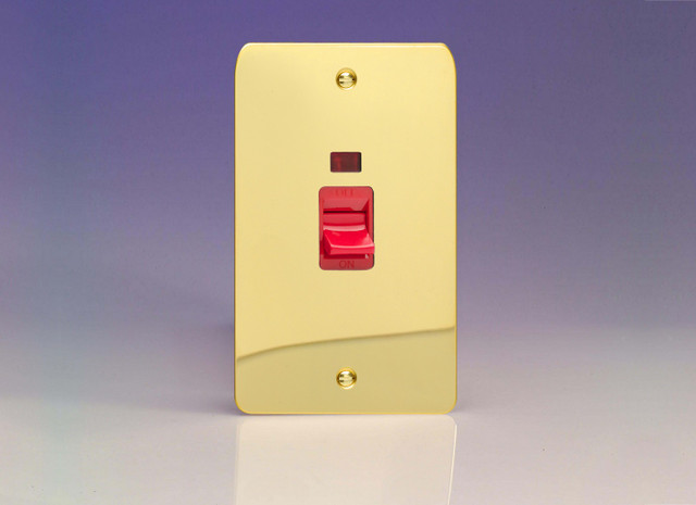 Varilight Polished Brass Ultraflat 45A Cooker Switch + Neon (Vertical Twin Plate, Red Rocker)