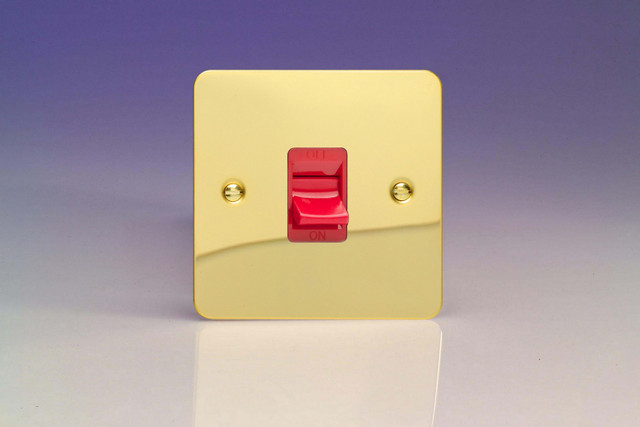 Varilight Polished Brass Ultraflat 45A Cooker Switch (Single Plate, Red Rocker)