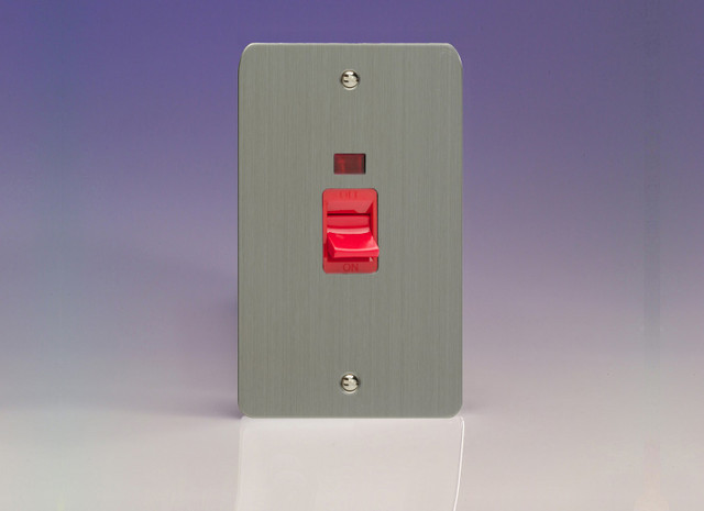 Varilight Brushed Steel Ultraflat 45A Cooker Switch + Neon (Vertical Twin Plate, Red Rocker)